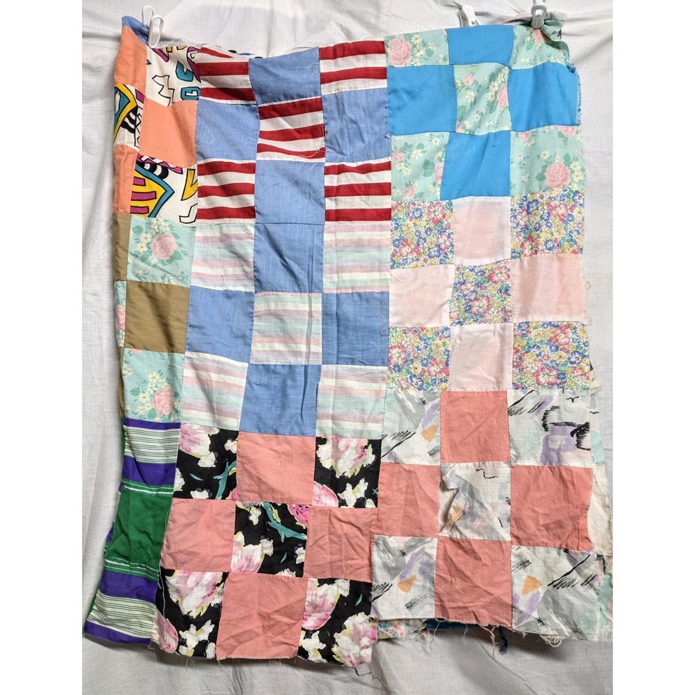 Vintage Patchwork Quilt Top 60x74 Colorful 80s Fabrics Floral Geometric